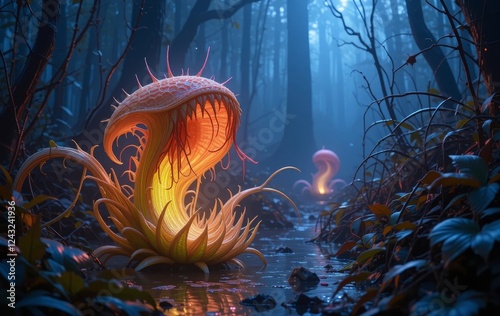 Obraz na płótnie A digital art piece of a glowing neon-colored carnivorous plant in a dark, mystical swamp setting w salonie