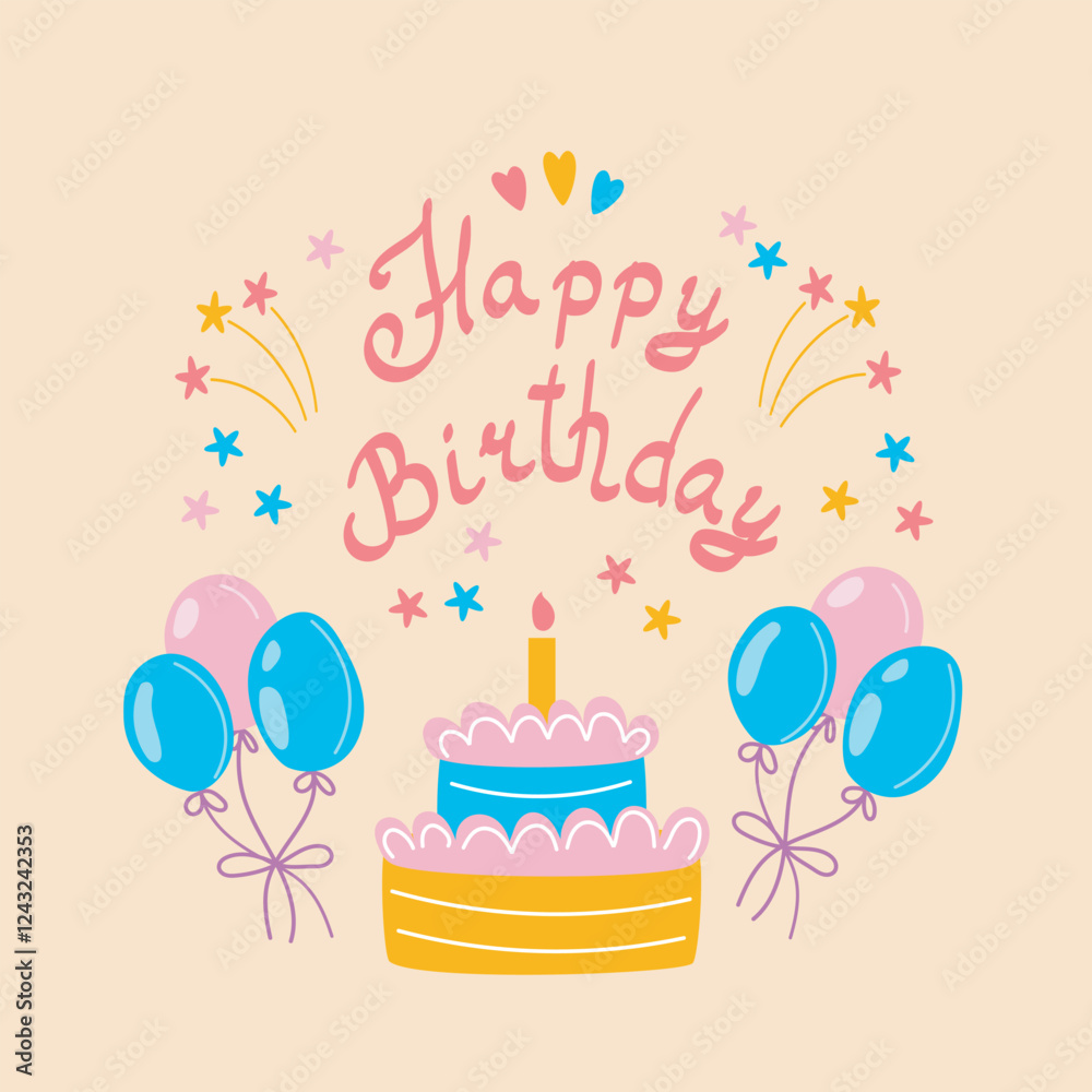 Happy birthday card vector illustration with cake and balloons. Birthday greeting card vector concept. Happy birthday card vector illustration with cake and balloons. Birthday greeting card vector concept.