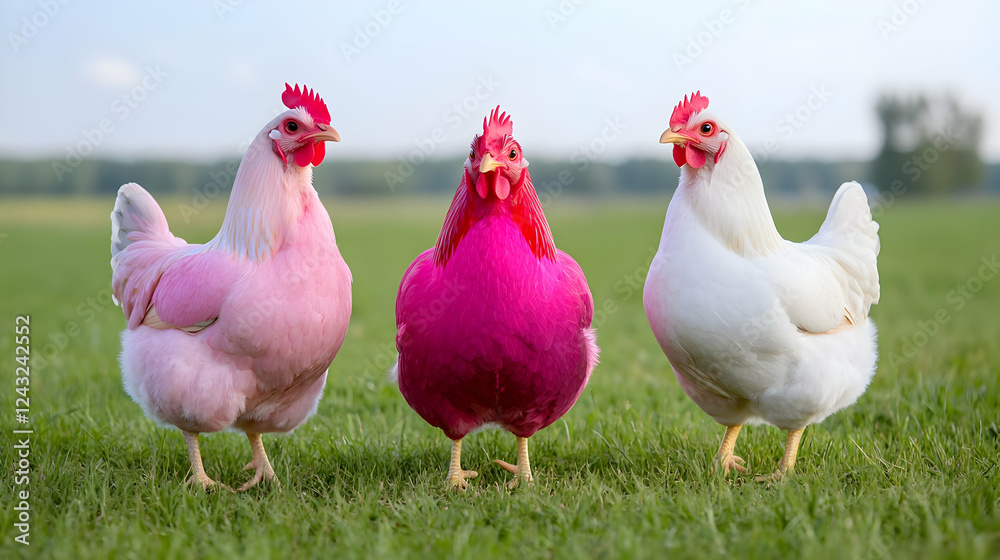 Three hens, pink and white, pasture, farm Three hens, pink and white, pasture, farm