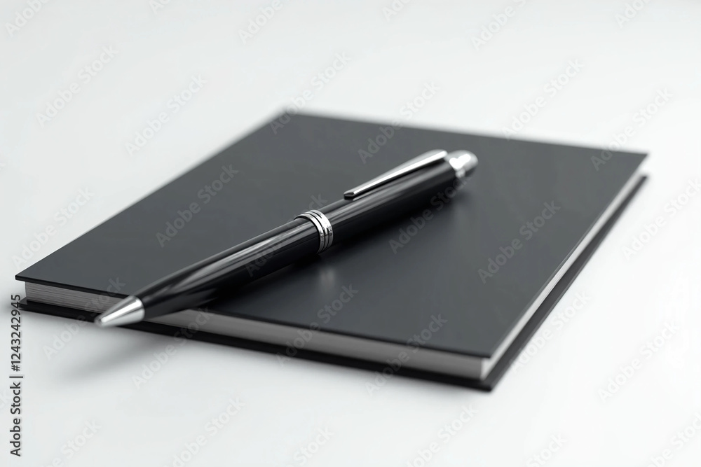A Sleek Black Pen with Silver Accents Resting Diagonally on a Blank Notebook – Minimalist Composition with Soft Shadows, Glossy Finish, and a Professional Aesthetic A Sleek Black Pen with Silver Accents Resting Diagonally on a Blank Notebook – Minimalist Composition with Soft Shadows, Glossy Finish, and a Professional Aesthetic