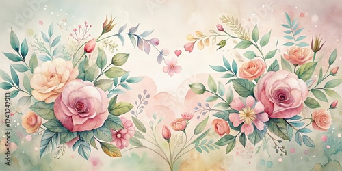 Wallpaper Mural Delicate Watercolor Roses and Botanicals in a Romantic Arrangement Featuring Pastel Hues and Lush Greenery, Ideal for Elegant Home Decor or Wedding Invitations Torontodigital.ca