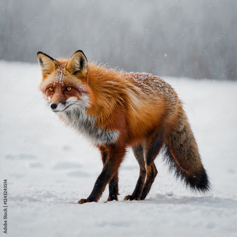 Obraz premium A vivid red fox with glowing eyes and a bushy tail, standing confidently on a pure white background.