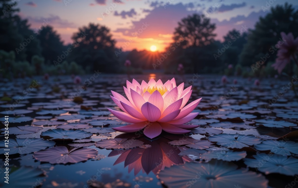 A digital painting of a pond at dusk with a glowing pink lotus flower in the center and lily pads surrounding it