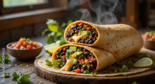 A mouthwatering burrito, bursting with vibrant colors: warm, golden-brown tortilla, glistening with a light sheen, cradling a medley of rich, earthy black beans, bright green cilantro, and fiery red s photo