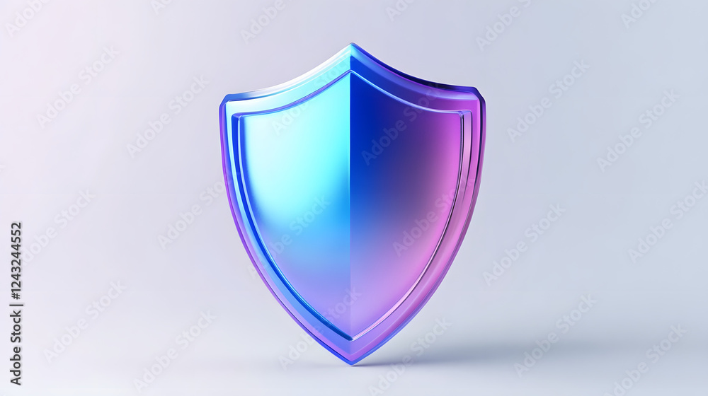 Shield depicting protection. shield 3d icon. Protection, defense and security concept symbol: blue and purple shield on isolated on white background Shield depicting protection. shield 3d icon. Protection, defense and security concept symbol: blue and purple shield on isolated on white background