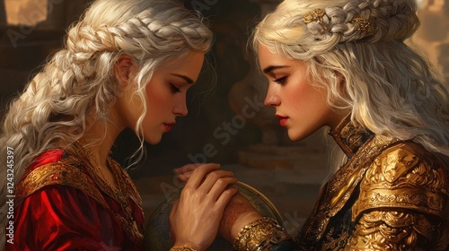 Two Elegant Women with Blonde Hair in Historical Attire Holding Hands