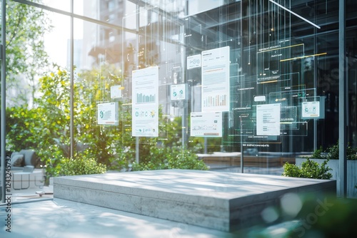 Floating AI dashboards on a coworking terrace visualize autonomous activities.