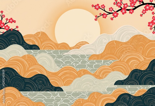 日本の伝統的なパターン：桜、波、麻の葉。穏やかで文化的な美学のためのパステルの雲と金色の丘を持つベクターアート [にほん てき でんとうてき パターン さくら なみ あさのは おだやか ぶんかてき びがく パステル くも きんいろ おか もつ ベクターアート]
