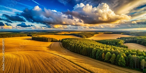Aerial Drone View: Golden Wheat Field, Lush Forest, and Azure Sky