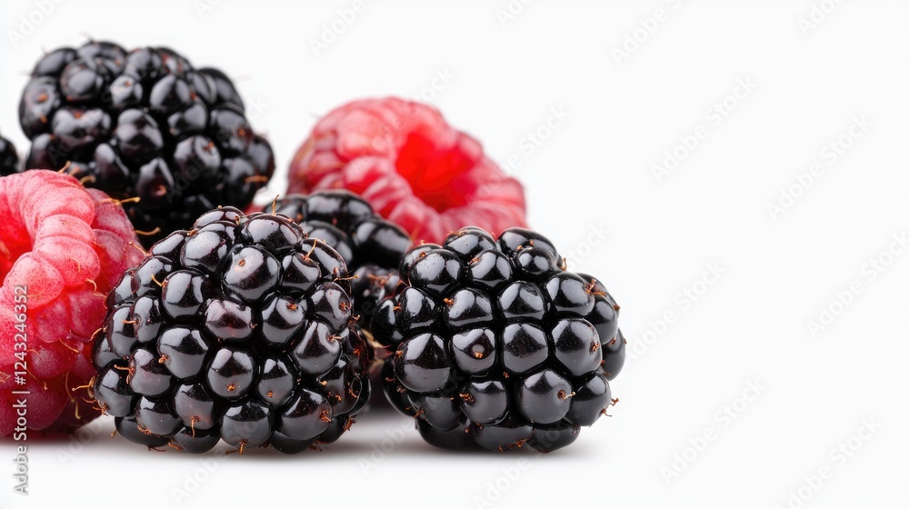 Raspberries and blackberries close-up, white background, food photography, healthy eating Raspberries and blackberries close-up, white background, food photography, healthy eating