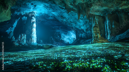 An Enchanting City Within a Vast Cave System, Illuminated by Glowing Flora Creating a Mystical and Beautiful Atmosphere