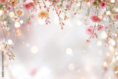 Blurred bokeh with muted tones. Soft muted bokeh with floral elements creates gentle, dreamy atmosphere. Perfect for backgrounds or decorative purposes
