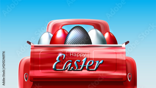 Happy Easter. Easter card in car style. Painted egg. Shiny chrome logo. Chrome, carbon eggs in a red classic pickup truck. Greeting card for spare parts suppliers, car dealers, custom. Vector