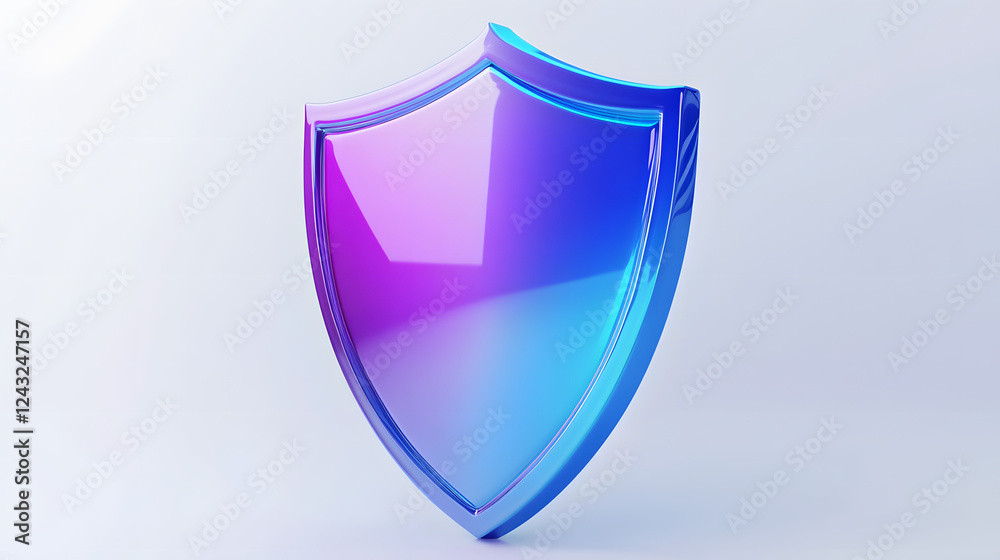 Shield depicting protection. shield 3d icon. Protection, defense and security concept symbol: blue and purple shield on isolated on white background Shield depicting protection. shield 3d icon. Protection, defense and security concept symbol: blue and purple shield on isolated on white background