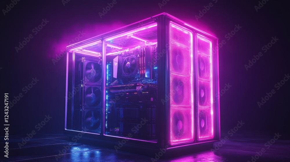 Modern High-Tech Crypto Mining Rig Mockup with Glowing Lights Modern High-Tech Crypto Mining Rig Mockup with Glowing Lights