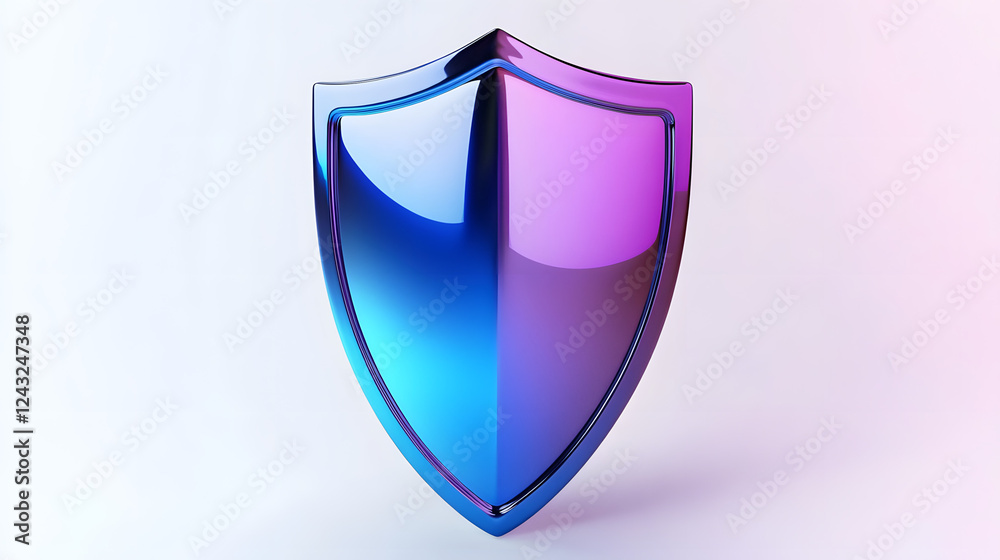 Shield depicting protection. shield 3d icon. Protection, defense and security concept symbol: blue and purple shield on isolated on white background Shield depicting protection. shield 3d icon. Protection, defense and security concept symbol: blue and purple shield on isolated on white background