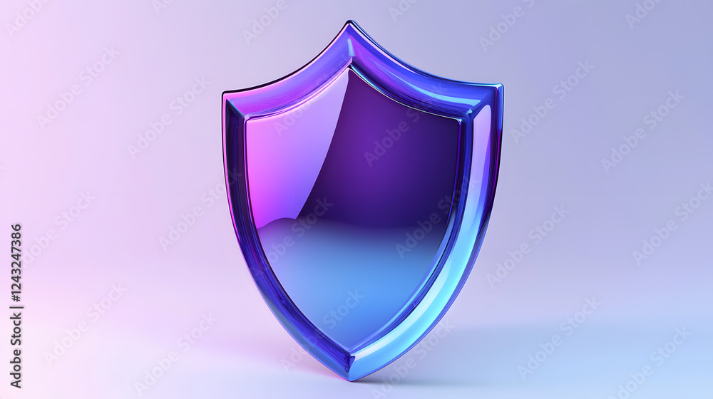 Shield depicting protection. shield 3d icon. Protection, defense and security concept symbol: blue and purple shield on isolated on white background Shield depicting protection. shield 3d icon. Protection, defense and security concept symbol: blue and purple shield on isolated on white background