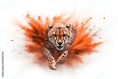 Dynamic portrait of a cheetah in motion with vibrant orange splashes and effects on a white background and copy space