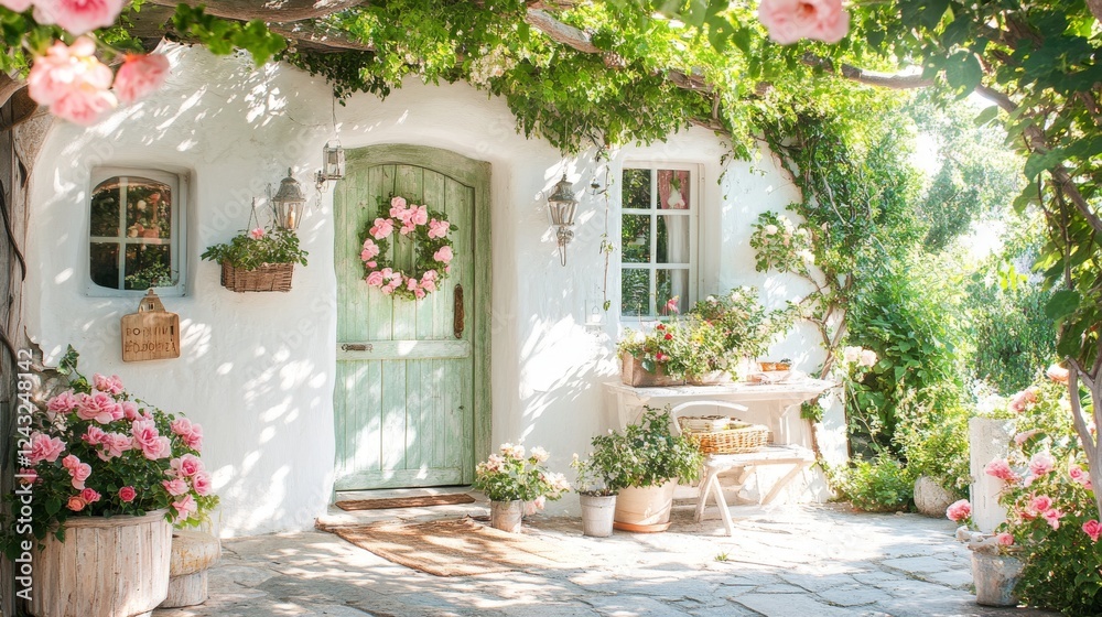 Naklejka premium Relaxing and romantic cottage garden scene showing masses of beautiful english pink climbing roses in summer sunshine.