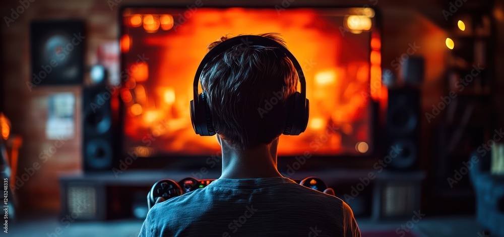 Obraz premium A realistic photo of a boy playing video games on a large TV screen, with a headset and a gaming controller in his hands.