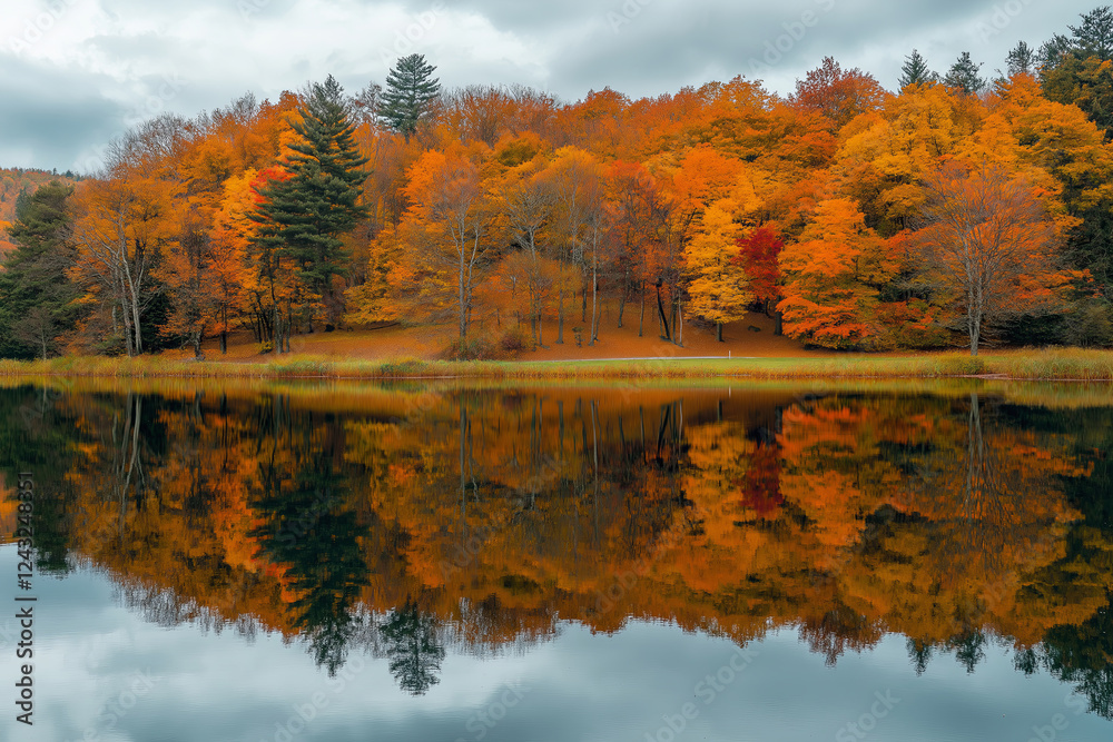 A perfectly symmetrical, mirrored lake surrounded by autumn-colored trees A perfectly symmetrical, mirrored lake surrounded by autumn-colored trees