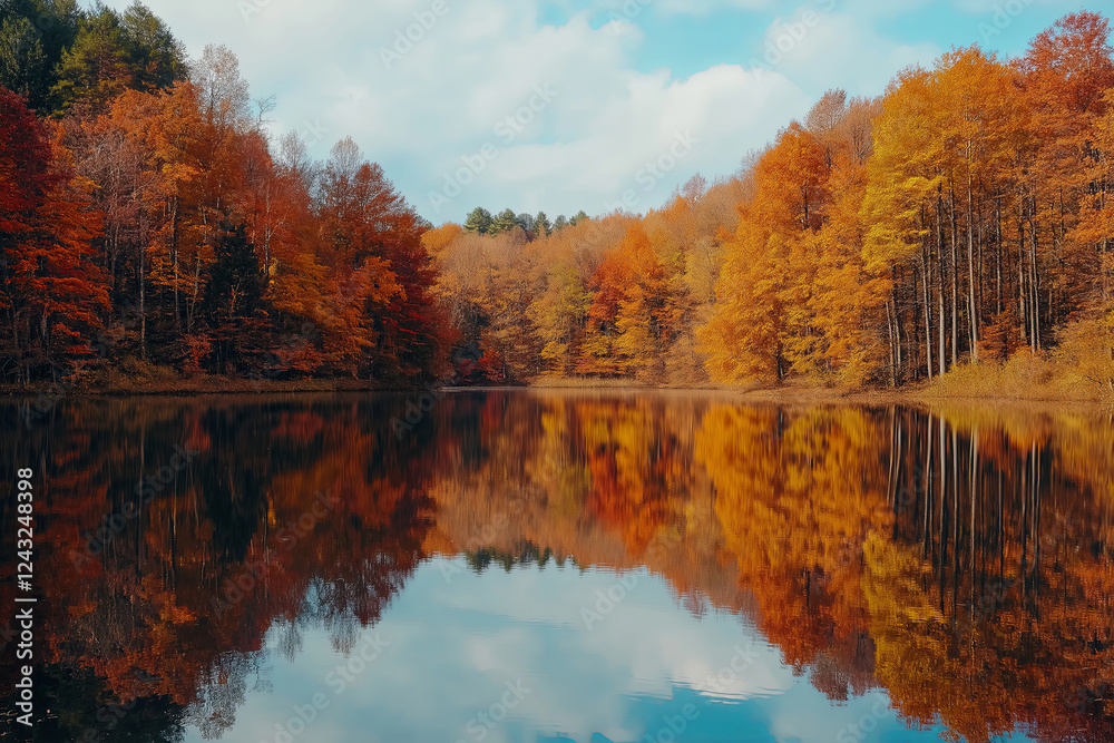 Fototapeta premium A perfectly symmetrical, mirrored lake surrounded by autumn-colored trees