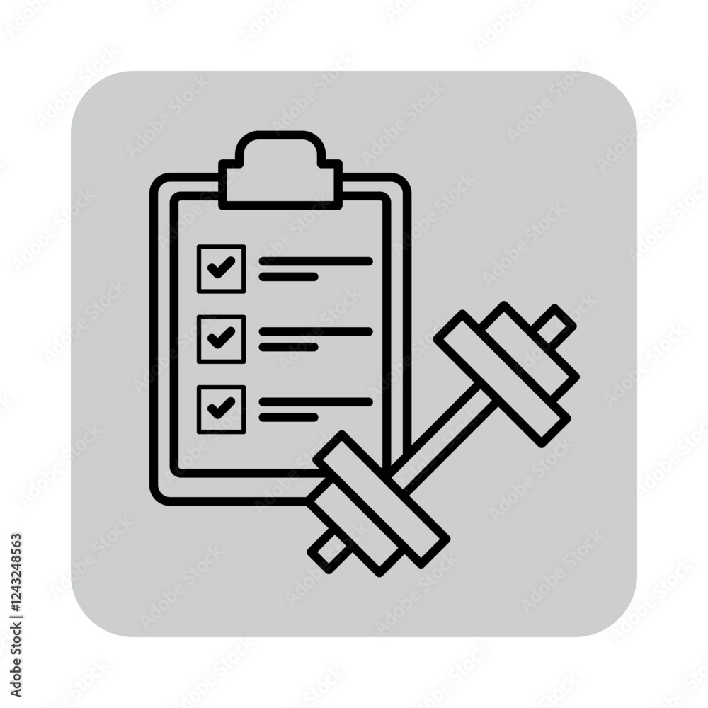 Health checklist and weight lifting icon of fitness tracking. Clipboard with checkboxes, symbolizing goal setting and progress in physical activity Health checklist and weight lifting icon of fitness tracking. Clipboard with checkboxes, symbolizing goal setting and progress in physical activity