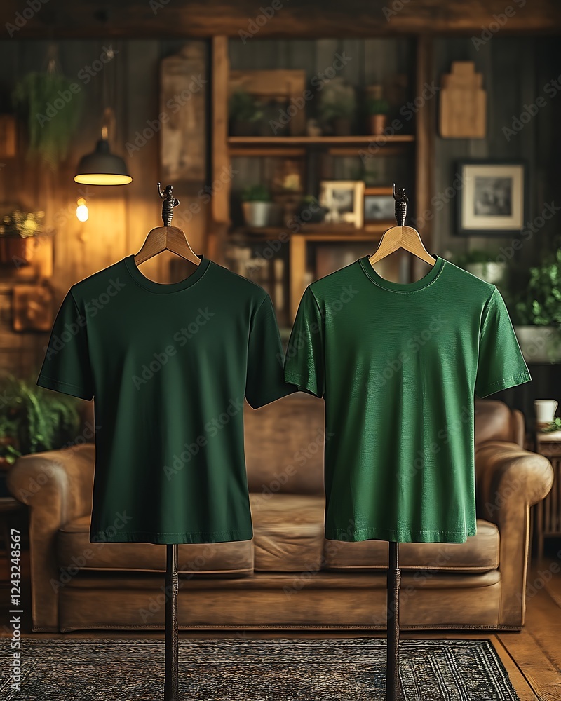 Naklejka premium Two dark green t-shirts on wooden hangers.