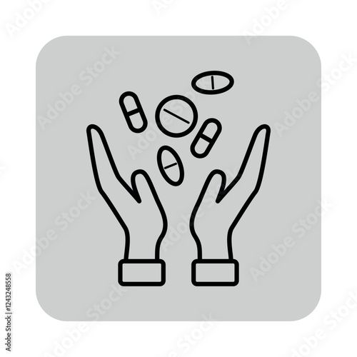 Two hands reaching up to catch falling pills, symbolizing health and wellness. Care and attention to medication management concept