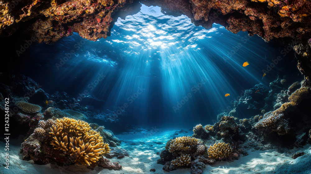 Obraz premium A tranquil underwater grotto bathed in celestial light, vibrant coral structures accentuating the cave's rugged textures, luminous water shimmering with reflections