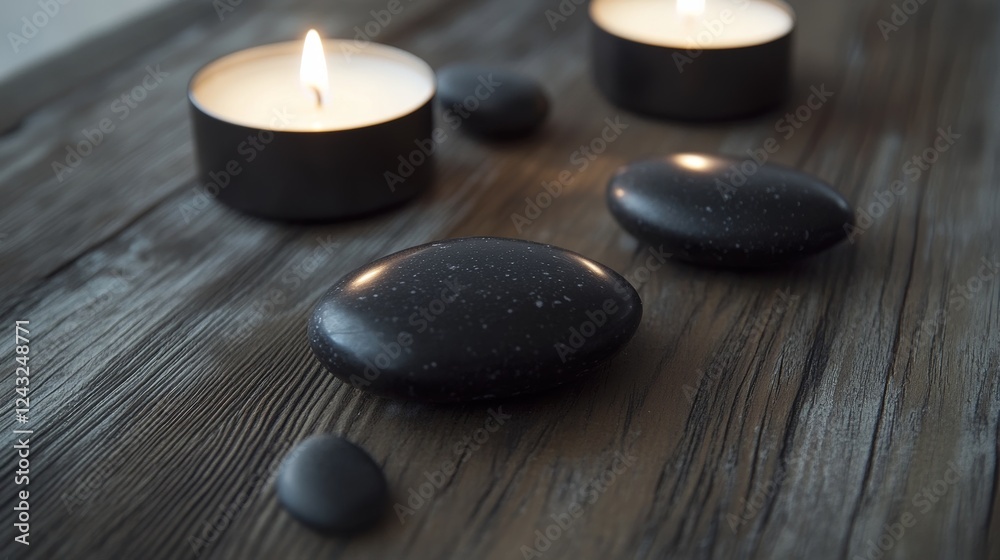 Aroma candle with spa stones on a wooden background. Selective focus Aroma candle with spa stones on a wooden background. Selective focus