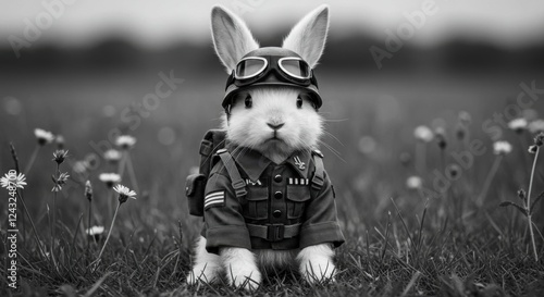 Brave Bunny in Uniform: A Monochromatic Portrait photo