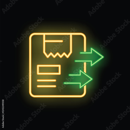 Neon sign representing a delivery note with a packing list, with two green arrows pointing at it