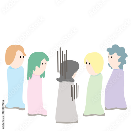 Vector illustration of a woman who feels bad about society, being looked at strangely by others. Doodle character with pastel and flat colors on white background. Mental health concept.