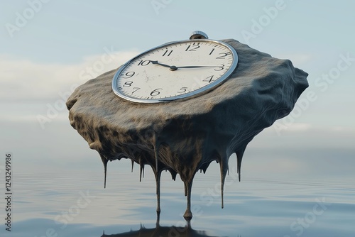 A melting clock dripping over the edge of a floating rock, photo