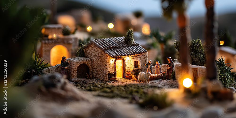 Fototapeta premium Illuminated Miniature Nativity Scene with Figurines