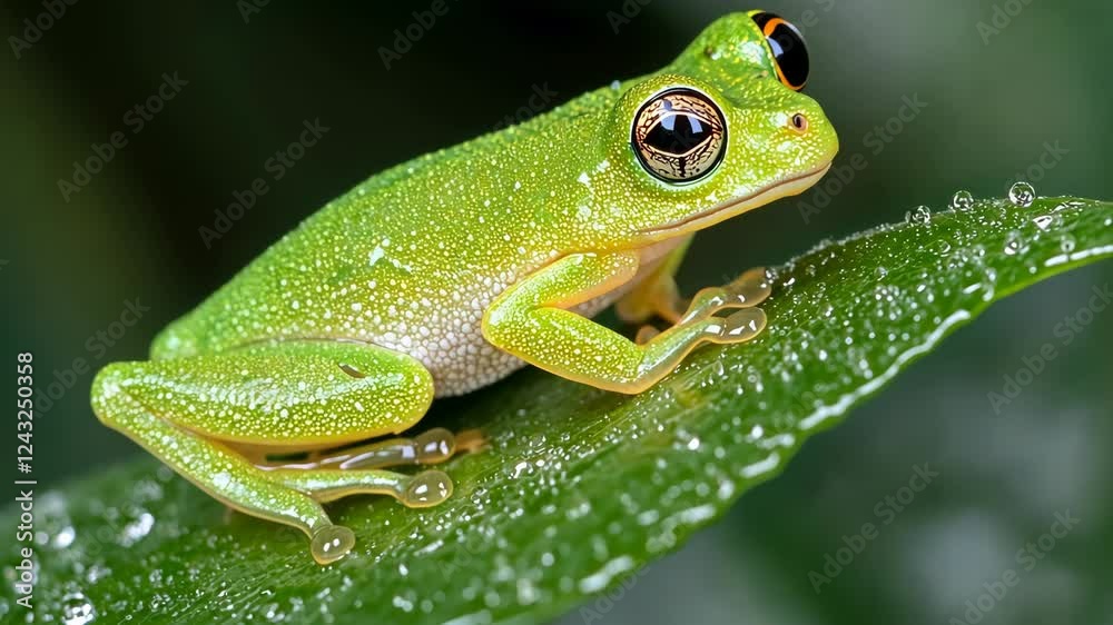 Bright green frog perched on leaf with dewdrops in lush tropical habitat during daylight hours Bright green frog perched on leaf with dewdrops in lush tropical habitat during daylight hours