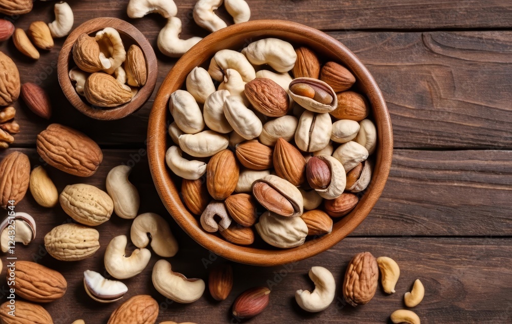 A bowl filled with a variety of mixed nuts on a wooden background A bowl filled with a variety of mixed nuts on a wooden background