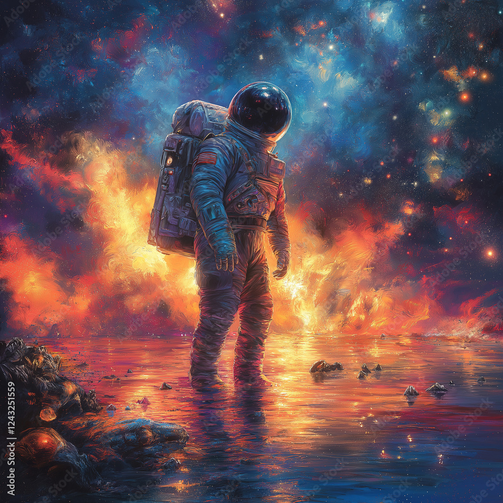 Fototapeta premium Astronaut Standing in a Vibrant Cosmic Scene: Surreal and Stunning
