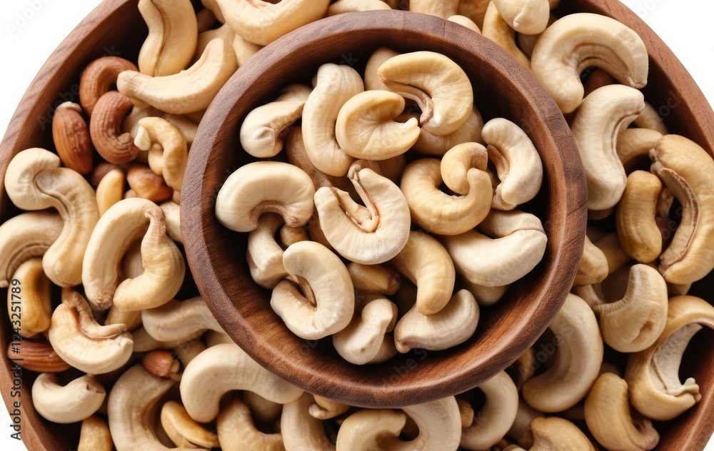 A wooden bowl filled with roasted cashew nuts on a white background A wooden bowl filled with roasted cashew nuts on a white background