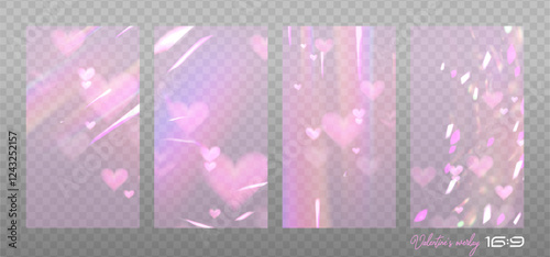 Pink romantic highlights set on a light background. Glare or reflection from water and glass in 16x9 size. Glittering particles for Valentine's day backgrounds, presentations, photo shots. Vector
