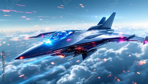 Futuristic Fighter Jet Flying Through Clouds