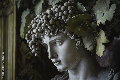 Young Dionysus is the god of vegetation, fertility, moisture, and the patron of viticulture and winemaking. Antique marble statue. Ancient Roman and Greek mythology. Horizontal image. photo