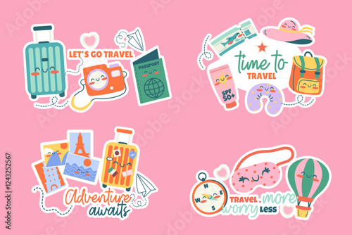 Travel stickers kawaii set of badge, label design with lettering