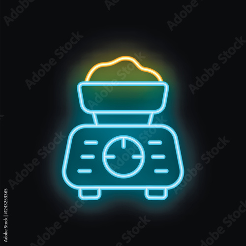 Neon glowing kitchen food scale with increasing weight gain symbol on display