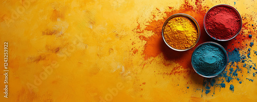Vibrant Holi Powder Colors on a Textured yellow Surface Abstract Background, Top view of small metal bowls filled with vibrant yellow, red, and blue powder, Perfect for Holi Celebration Festival 