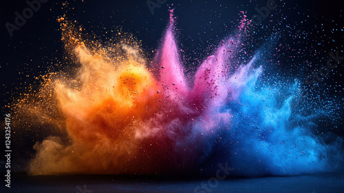 Holi festival Celebration Background with Vibrant explosion of colorful powder on a black Surface, showcasing a vibrant explosion of colorful powder against a pure black Abstract backdrop