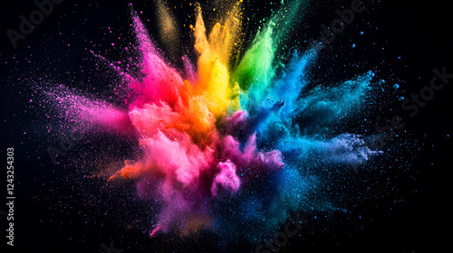Holi festival Celebration with Vibrant explosion of colorful powder on a black background, A dynamic image showcasing a vibrant explosion of colorful powder against a pure dark backdrop
