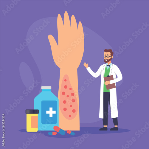 Health professional standing beside large arm illustration showing skin condition. Nearby, various medication bottles displayed. Treatment options concept
