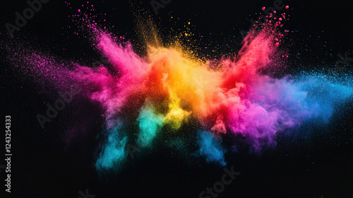 Holi festival Celebration with Vibrant explosion of colorful powder on a black Abstract background, A dynamic image showcasing a vibrant explosion of colorful powder against a pure dark backdrop